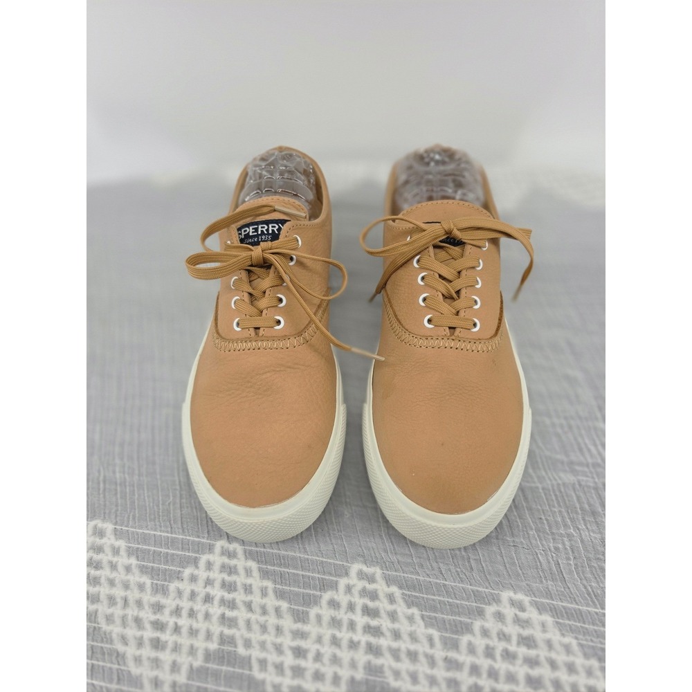 Sperry Mens Striper II CVO Tan Pebbled Leather Low Top Deck Sneakers STS22045